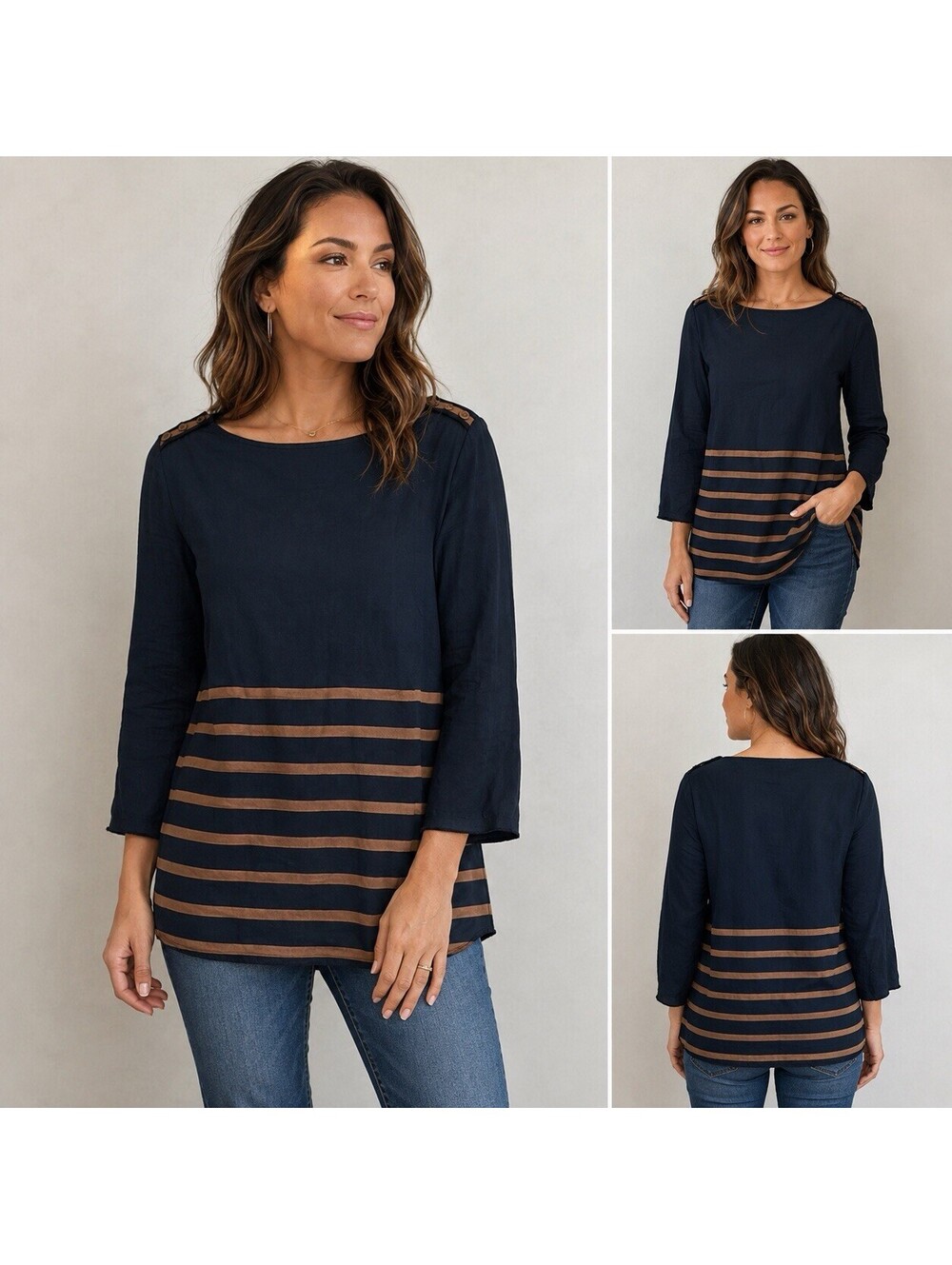 Vintage ESPRIT Navy Brown Striped Tunic Blouse Women’s Size 10 Y2K 100% Viscose